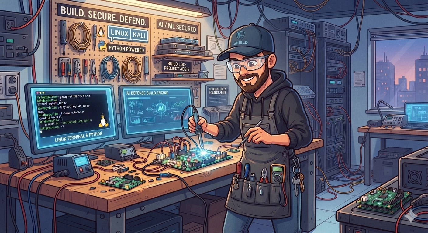 Cybersecurity engineer building with Python, AI, and Linux terminal in a workshop